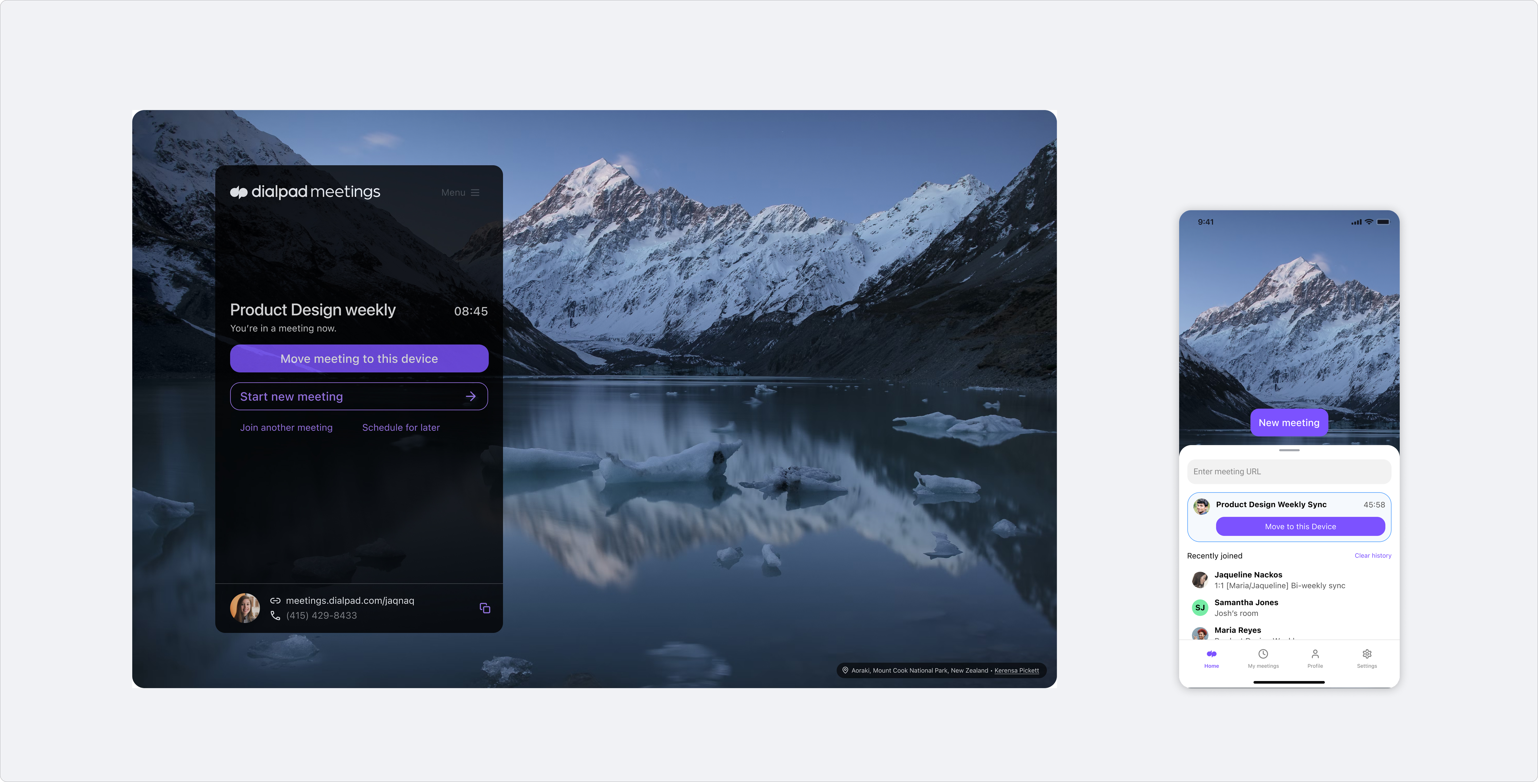 Home screen — active meeting card